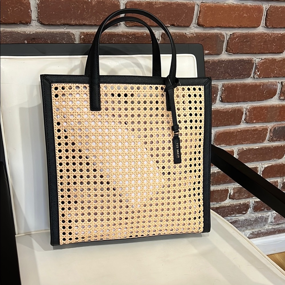 NWT - Ted Baker Chic Black and Tan Structured Tote Bag with Woven Texture